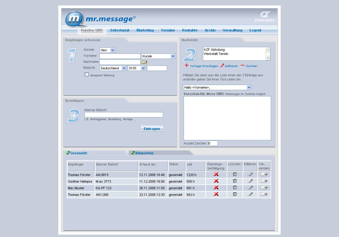 mr.message: Modul „Kunden-SMS" mit Vorlagen, Status-Übersicht und Empfangsbestätigung