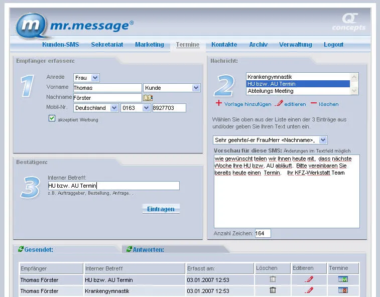 mr.message: Modul „Kontakte" mit Kategorienverwaltung